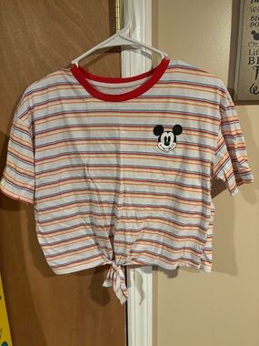Disney White Striped Short-Sleeve Tee with Red Trim and Mickey Graphic
